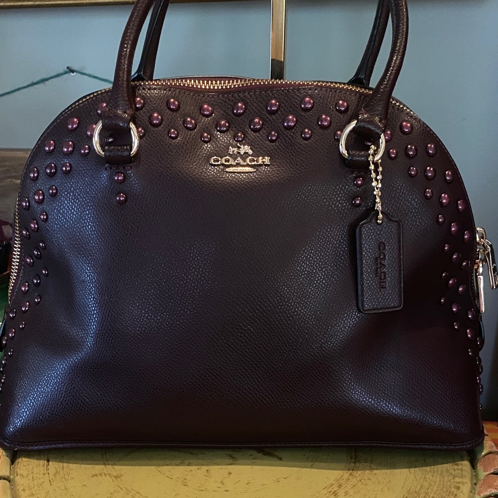 Coach Cora Domed Satchel with Border Studs in Burgundy Crossgrain Leather